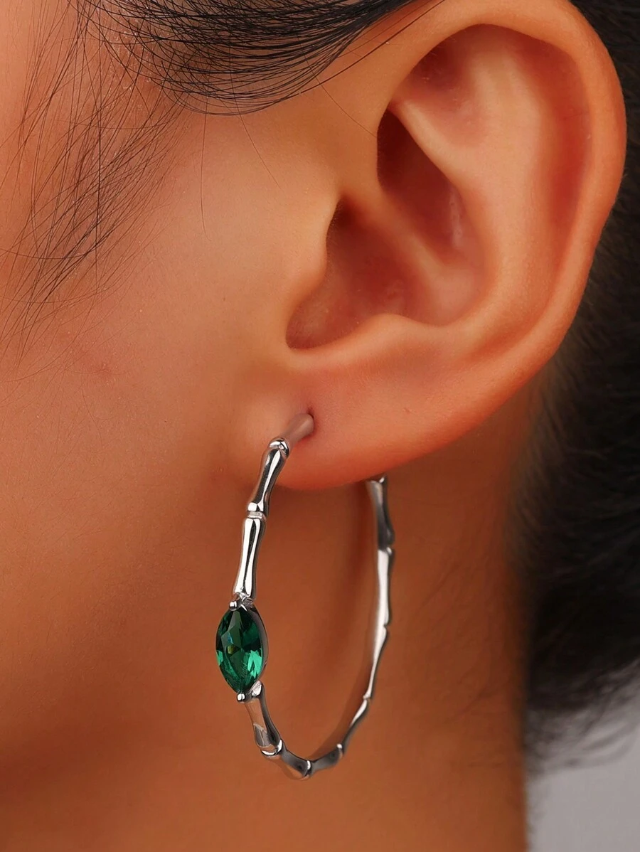 1 Cặp bông tai tròn lớn bằng bạc Sterling 925 mạ vàng trắng khảm tre phóng đại đính đá Zirconia xanh cho nữ, thời trang cổ điển thanh lịch phù hợp với khuôn mặt vuông và tròn, đeo hàng ngày/ngày lễ/tiệc tùng - màu xanh lá - Xem 1