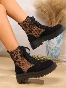 Botas cortas de plataforma con suela gruesa, vintage desgastado con estampado de leopardo, para mujer, nueva colección Otoño 2024