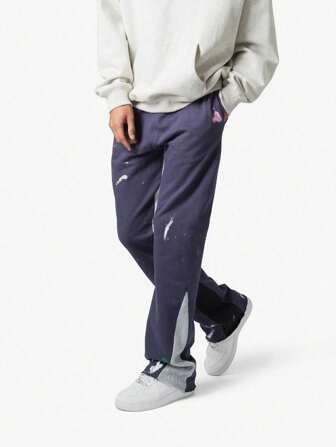 PONCHIOE 男式笔触印花口袋直筒宽松休闲运动裤