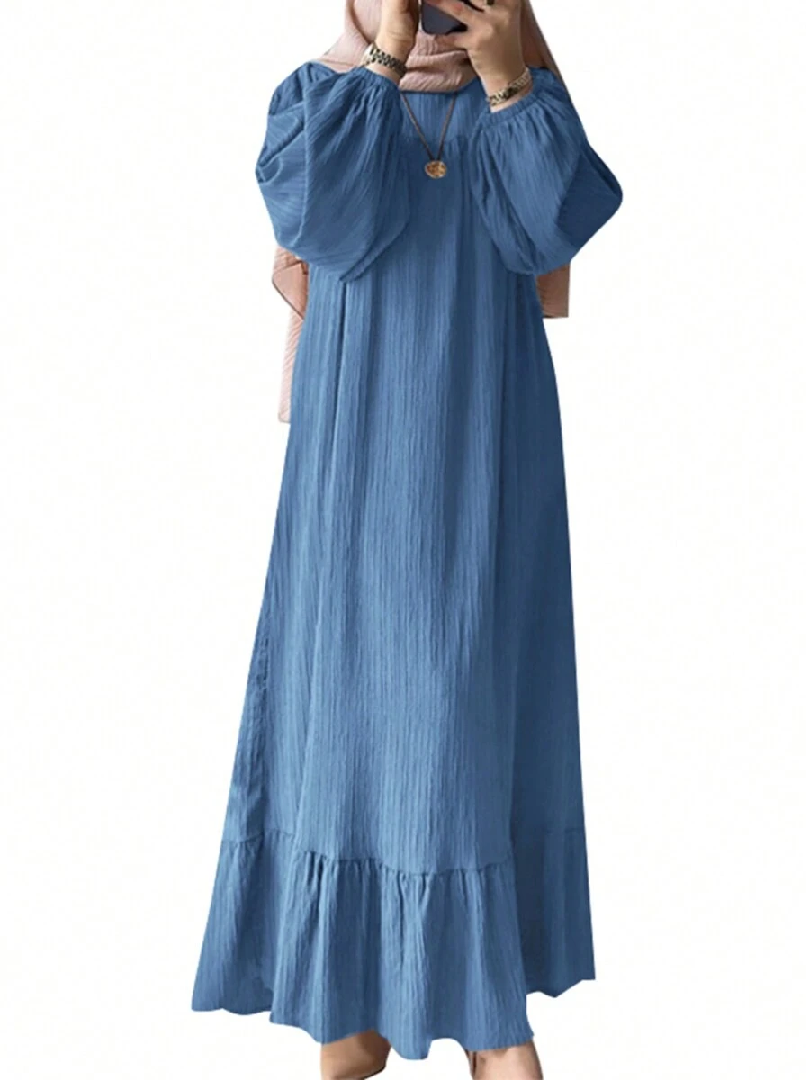 ZANZEA Women Round Neck Long Sleeve Ruffle Hem Belted Kaftan Party Casual Loose Long Dress - 藍色 - 查看 1