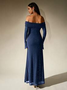 PARTHEA Off Shoulder Ruched Sequin Mesh Long Dress Spring Elegant - Navy Blue - View 3