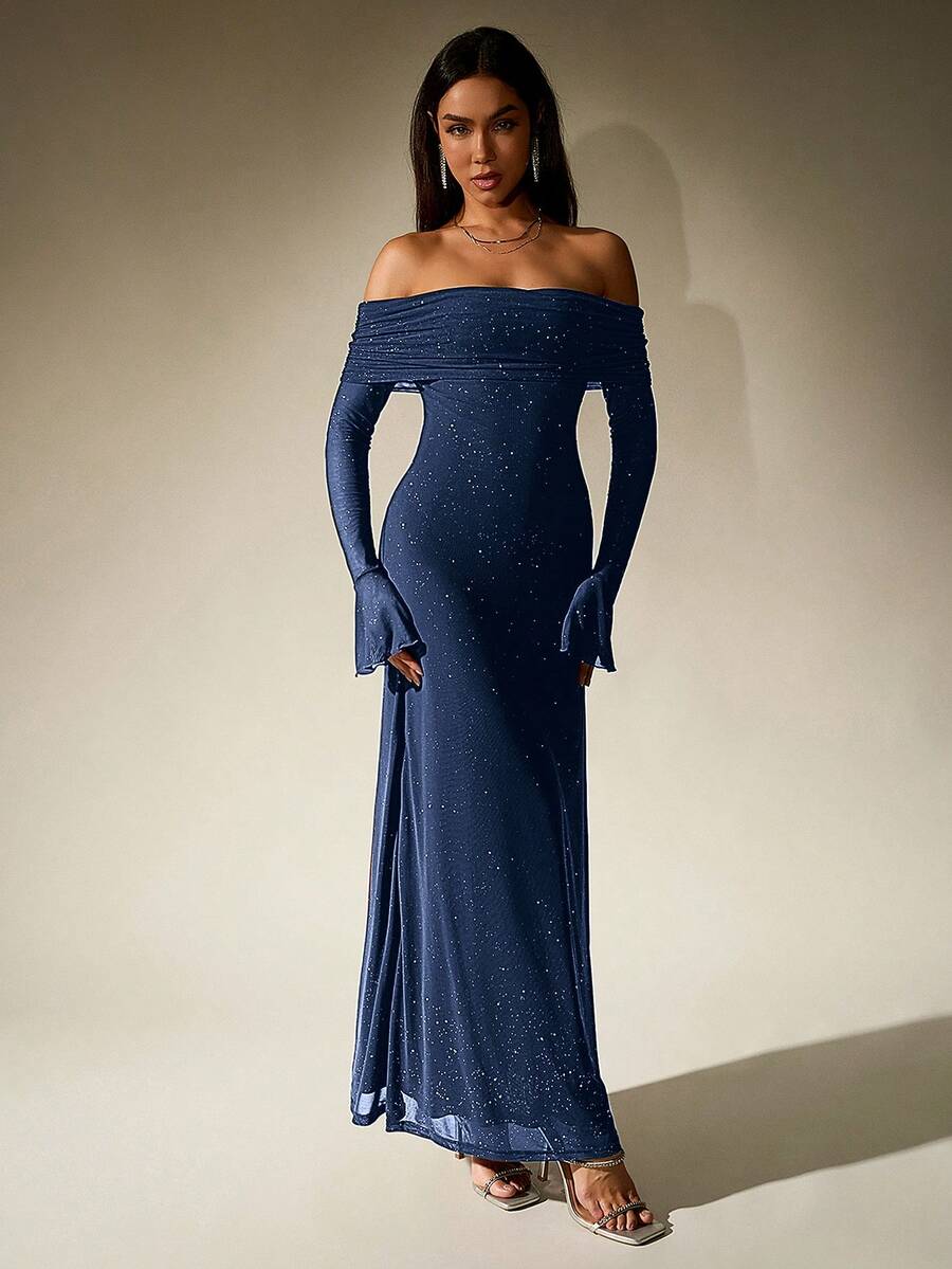 PARTHEA Off Shoulder Ruched Sequin Mesh Long Dress Spring Elegant