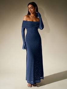 PARTHEA Off Shoulder Ruched Sequin Mesh Long Dress Spring Elegant - Navy Blue - View 6