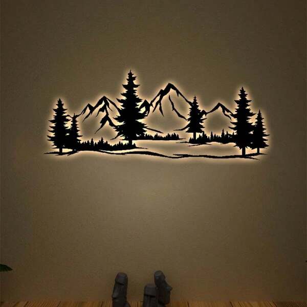 1PC Mountain And Forest Metal Wall Decor Without LED Light, Hill And Trees Metal Wall Decor Black Modern Beautiful Farmhouse Metal Wall Signs For Hanging Any Room Wall Art Decor,Home Decor ,Room Decor,Wall Decor Gifts Birthday Graduation