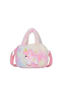 1pc Zipper Closure, Fashionable Children's Cartoon Unicorn Five-Pointed Star Handbag, Plush Square Shoulder Bag, Kindergarten Girl Crossbody Small Square Bag, Cute Girl Gradient Bag, Comfortable And Adjustable Shoulder Strap, Versatile And Suitable For And Playing, Daily School Use, Perfect Gift For Children