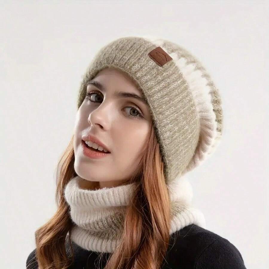 2 chiếc mũ len dệt kim nhuộm loang thời trang - Skullies & Beanies có khăn quàng cổ bằng lông cừu mềm mại, khăn choàng chống lạnh cho phụ nữ - Nhiều màu - Xem 1