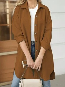 Women's Solid Color Drop Shoulder Long Sleeve Single Breasted Loose Long Casual Shirt, Autumn