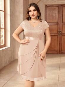 Plus Sequin Lace V Neck Ruffle Trim Chiffon Hem Semi Formal Party Swing Dress - Champagne - View 4