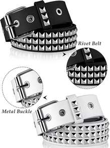 2 Pieces Studded Belt Punk Rock Rivet Belt Metal Pyramid Pu Leather Belt EMO Belt For Women Men - Multicolor - View 2