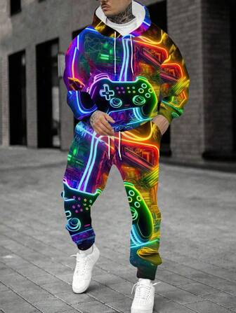 2 piezas Conjunto de sudadera con capucha y pantalones casuales y holgados para hombre, estilo minimalista para primavera y otoño, ropa de otoño