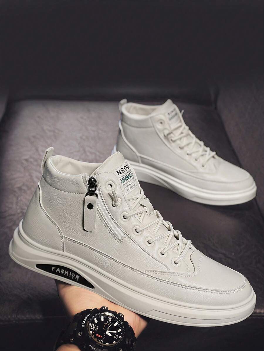 Negro botas de tacón alto plana de los hombres,PU superior antideslizante cremallera lateral botas de montar,Round Toe Lace Up Canvas Sneakers,High Top Casual Sneakers