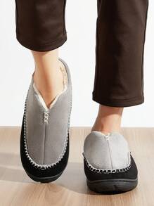 男士毛绒家居拖鞋，冬季保暖，柔软缝线，记忆海绵鞋垫，舒适防滑耐穿休闲拖鞋，灰色 - 灰色 - 查看 7