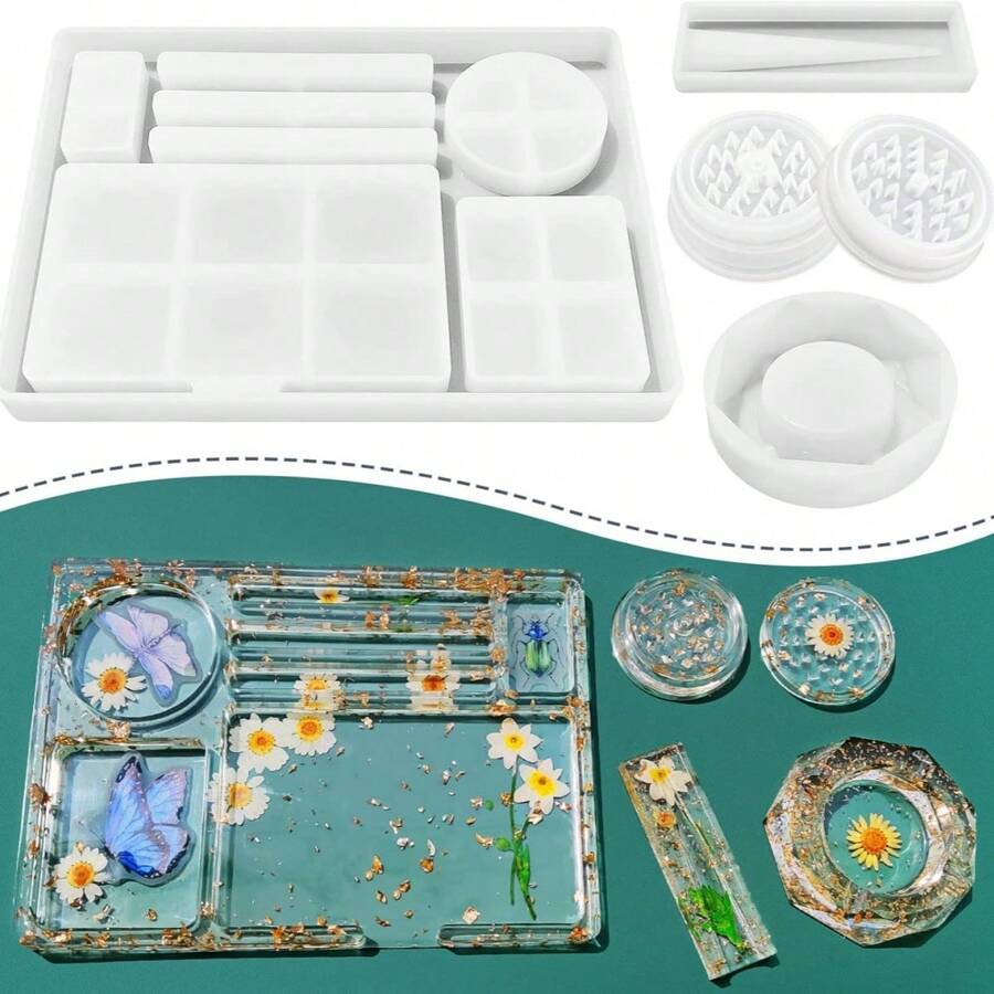 5件套树脂硅胶模具套装 - 大型滚动式烟灰缸模具和树脂研磨器模具,带高效尖刺,可用于研磨和存放物品,长方形模具,适用于树脂浇铸DIY套件 - 白色 - 查看 1