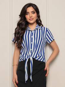 DUNA STRIPED SHORT SLEEVE SHIRT WITH BUTTON AND TIES IN THE FRONT - 寶藍色 - 查看 1