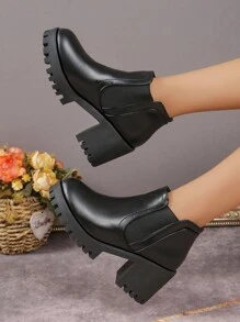 Women Thick Heel Chelsea Boots, Elastic Ankle Boots, Faux Leather Casual Shoes