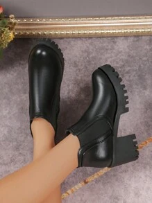 Women Thick Heel Chelsea Boots, Elastic Ankle Boots, Faux Leather Casual Shoes