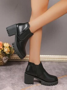 Women Thick Heel Chelsea Boots, Elastic Ankle Boots, Faux Leather Casual Shoes