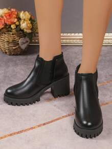 Women Thick Heel Chelsea Boots, Elastic Ankle Boots, Faux Leather Casual Shoes