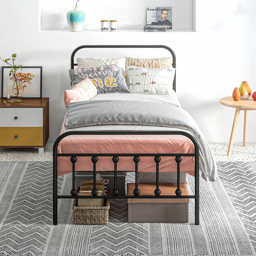 HOMCOM Bed Frame With Underbed Storage, Metal Platform Bed Frame With Tall Headboard, Footboard And Steel Slat Support, No Box Spring Needed, Easy Assembly - Black - View 1
