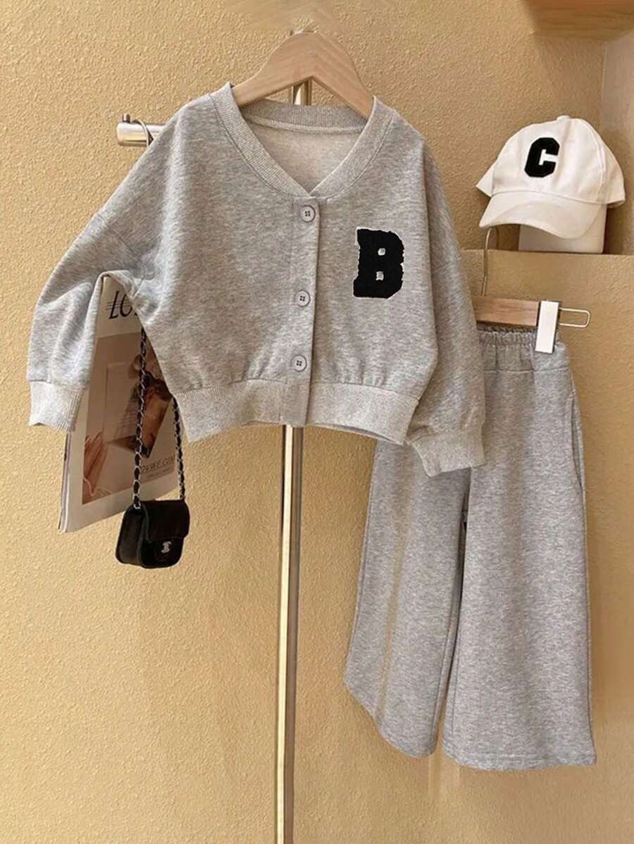 2入組年輕女孩休閒校園運動帽衫和長褲套裝，春秋季 - 灰色 - 查看 1