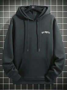 男式洛杉矶图案印花休闲运动通勤百搭字母刺绣羊毛连帽衫 - 深灰色 - 查看 2