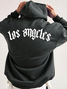 男式洛杉矶图案印花休闲运动通勤百搭字母刺绣羊毛连帽衫 - 深灰色 - 查看 1