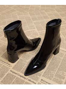 2025 Autumn New Elegant Women's Black Ankle Boots, Chunky Heels High Heels Pointed Toe Autumn/Winter Versatile Fashion Ankle Boots - Black - View 4