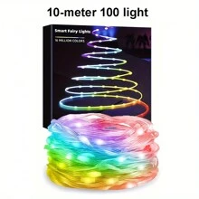 智能仙女灯串，带遥控器和应用程序控制，10M-100LED 音乐同步 DIY 控制室内外灯串，适用于卧室、圣诞派对、婚礼中心装饰照明、情人节、斋月、复活节礼物 - 彩色 - 查看 10