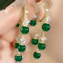 1 par de pendientes elegantes con borlas y gemas verdes, adecuados para uso diario y ocasiones especiales - Verde - Ver 1