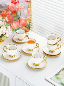 1 Set, 6 Cups And 6 Saucers, Turkish Coffee Cups And Water Glasses, English Afternoon Tea Set, With Handles, Heat-Resistant, Golden Luxury, Suitable For Restaurants, Homes And Offices, A Great Gift Choice For Family, Friends And Loved Ones