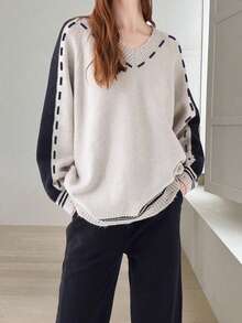 女式法式镶边 V 领长袖针织套头衫，秋冬款 - 灰色 - 查看 1