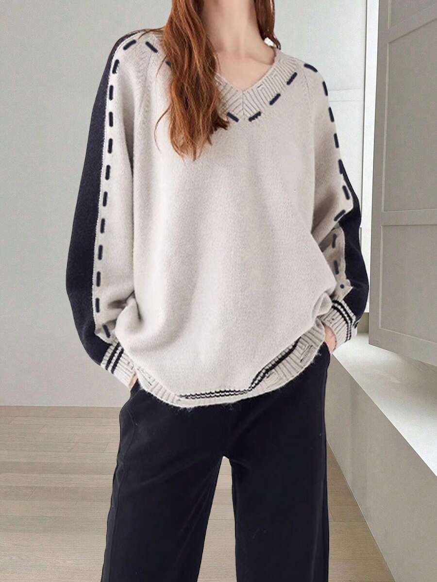 女式法式镶边 V 领长袖针织套头衫，秋冬款 - 灰色 - 查看 1