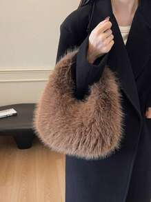 1个时尚毛绒单肩包，平沿手提包，可爱女士冬季手提包/钱包 - 查看 5