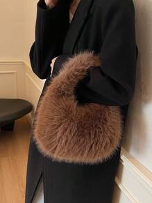 1个时尚毛绒单肩包，平沿手提包，可爱女士冬季手提包/钱包 - 查看 4