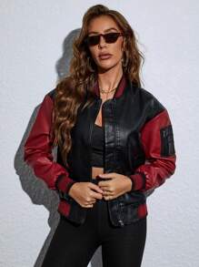 Apperloth A Chaqueta bomber vintage de contraste de color de PU con cremallera, cuello de béisbol y hombros caídos para festivales de música punk