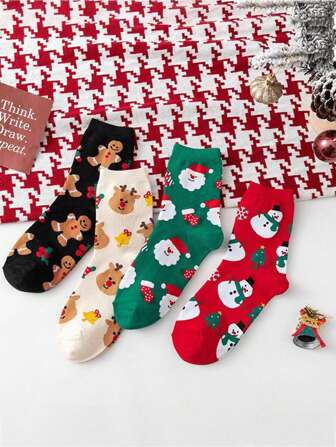 1/2/4/5pairs,Christmas Socks Female Fall Winter Cartoon Tube Socks Santa Claus Elk Snowman Cute Big Red Socks