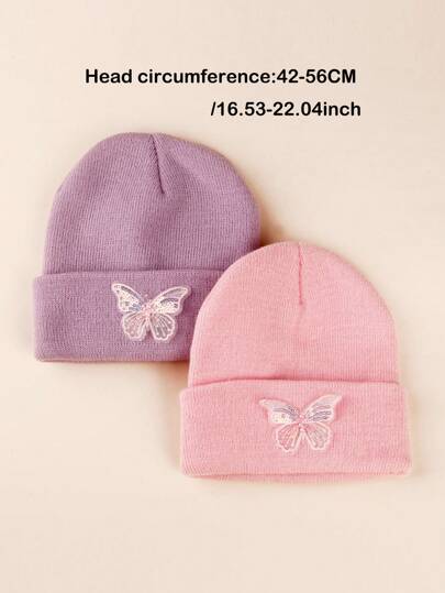 2pcs Toddler & Kids Unisex Dual-Color Butterfly Sequin Knit Beanie Hats, Simple & Versatile, Autumn/Winter