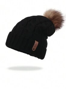 1pc Women Leather Patch Knitted Hat, Thick And Warm Winter Knitted Cap, Fashion Outdoor Hat