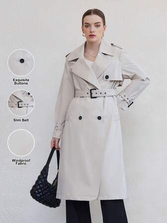 ZIAI 经典女式梭织面料风衣，长袖，及膝长度，配有双纽扣和口袋，打造时尚外观