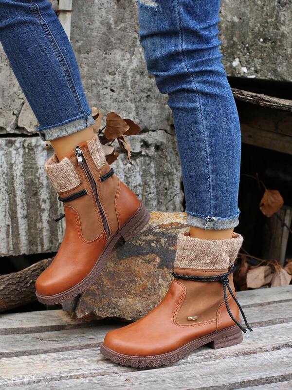 Botas de caña alta con cuello de punto, punta redonda, tacón en bloque, cremallera lateral y forro cálido para invierno, en tallas grandes de estilo europeo