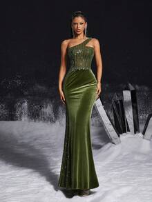 VIPGIRL 优雅的橄榄绿色天鹅绒晚礼服，配有闪亮的串珠细节，优雅的派对，女士舞会礼服，正式晚礼服 - 軍綠色 - 查看 5