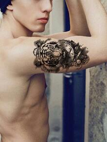 1 件时尚临时纹身纸贴纸，老虎钟和花朵图案，防水男女通用假纹身，适用于手部、背部，安全且易于粘贴和去除，适用于手臂、胸部、腹部、背部 - 黑色 - 查看 6