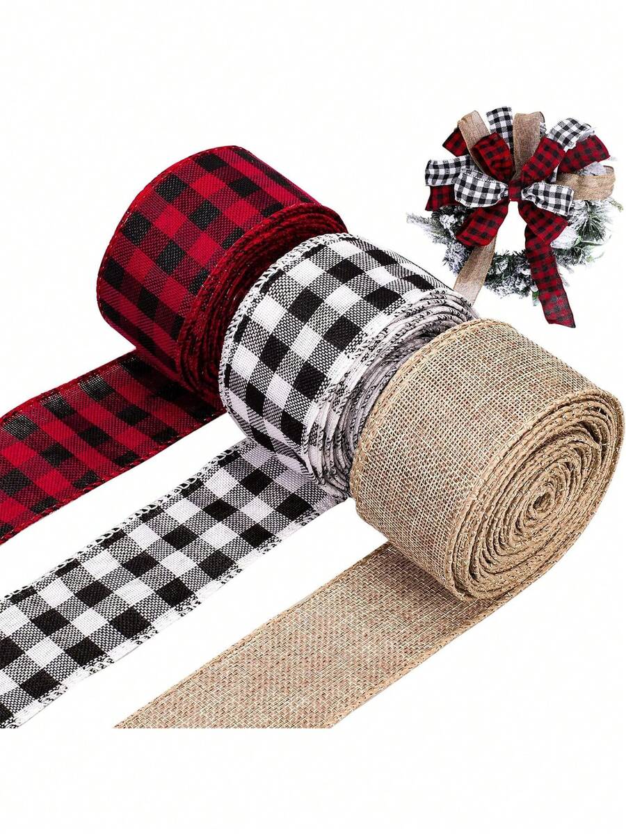1Rolls Christmas Wired Edge Ribbons, 78.7*2in Black Red Plaid Ribbon ...