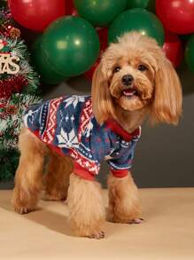 Christmas Pet Dog Santa Tree & Snowman Pattern Round Neck Pullover Fleece Outfit