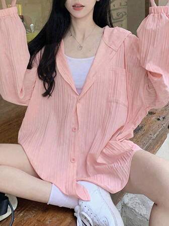 Casual Solid Color Drop Shoulder Long Sleeve Drawstring Hooded Loose Shirt