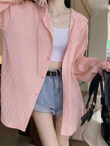 休闲纯色落肩长袖抽绳连帽宽松衬衫