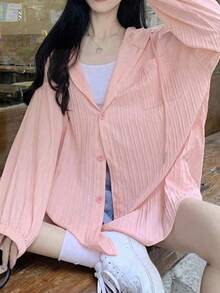 休闲纯色落肩长袖抽绳连帽宽松衬衫