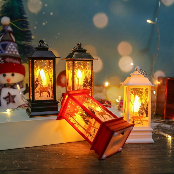 1pc Vintage Christmas Decorative Lantern, Hanging Lantern With Santa Claus, Reindeer & Snowman Pattern, Christmas Tree Home Decor Prop Atmosphere Desk Lamp