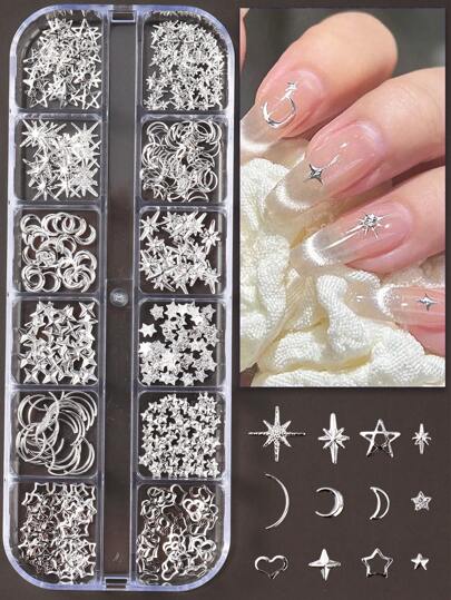 12格银色月亮星星金属指甲饰3D Y2K珠宝水钻钢球美甲装饰美甲用品DIY美甲宝石美甲用品指甲