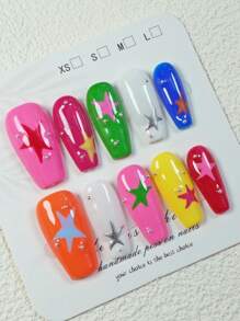 10 pièces Nail Art fait main, Nail Art de couleur dopamine en forme d'amande, design peint à la main avec motif étoilé, Nail Art quotidien, Nail Art créatif mignon et chaud de l'amour tridimensionnel pour filles mignonnes, Nail Art de dessin animé mignon et cool, Nail Art senior unique et mignon, Ongles de printemps, Ongles d'été